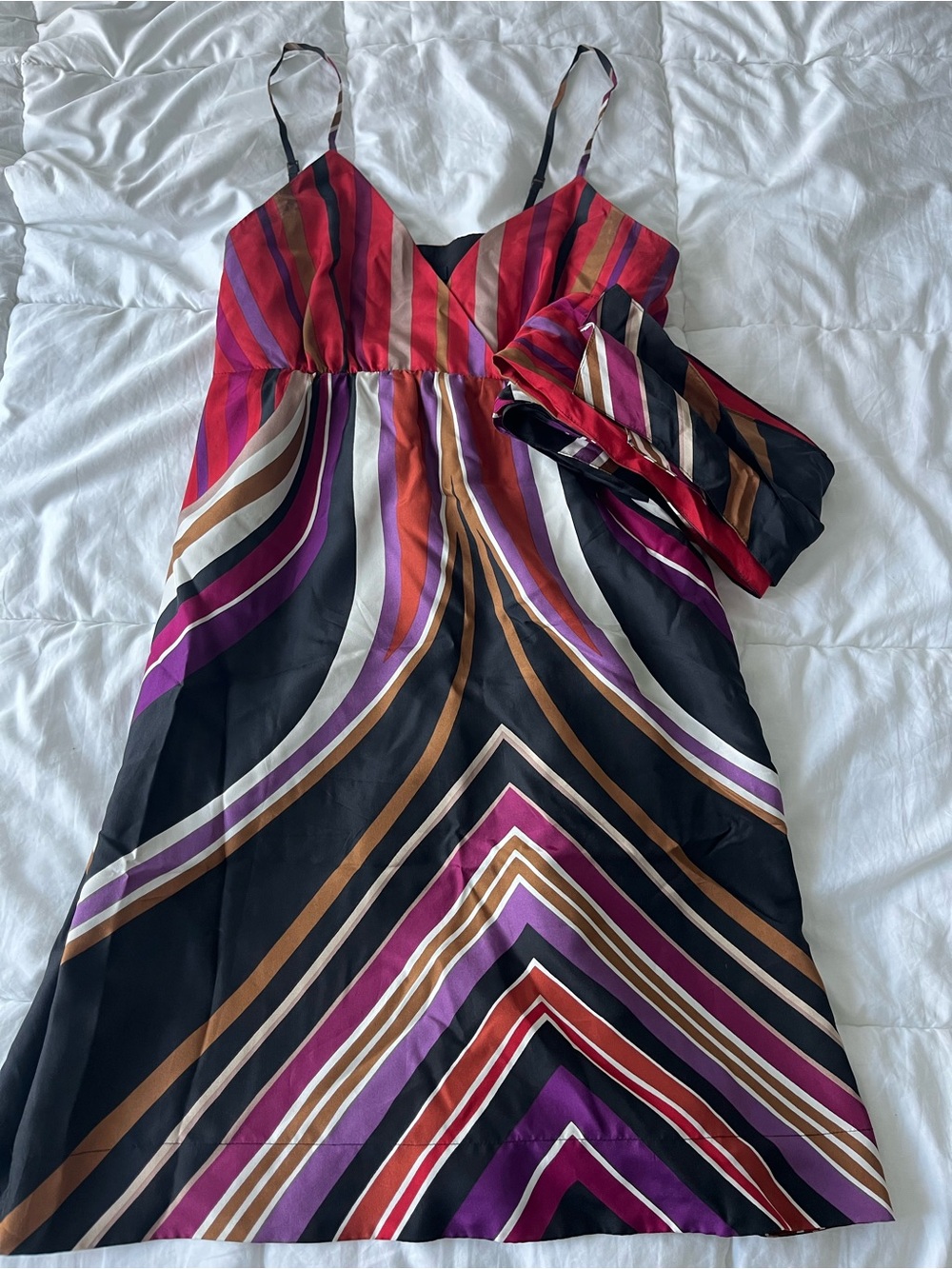 Silk Striped V-Neck Spaghetti Strap Dress in Multicolor